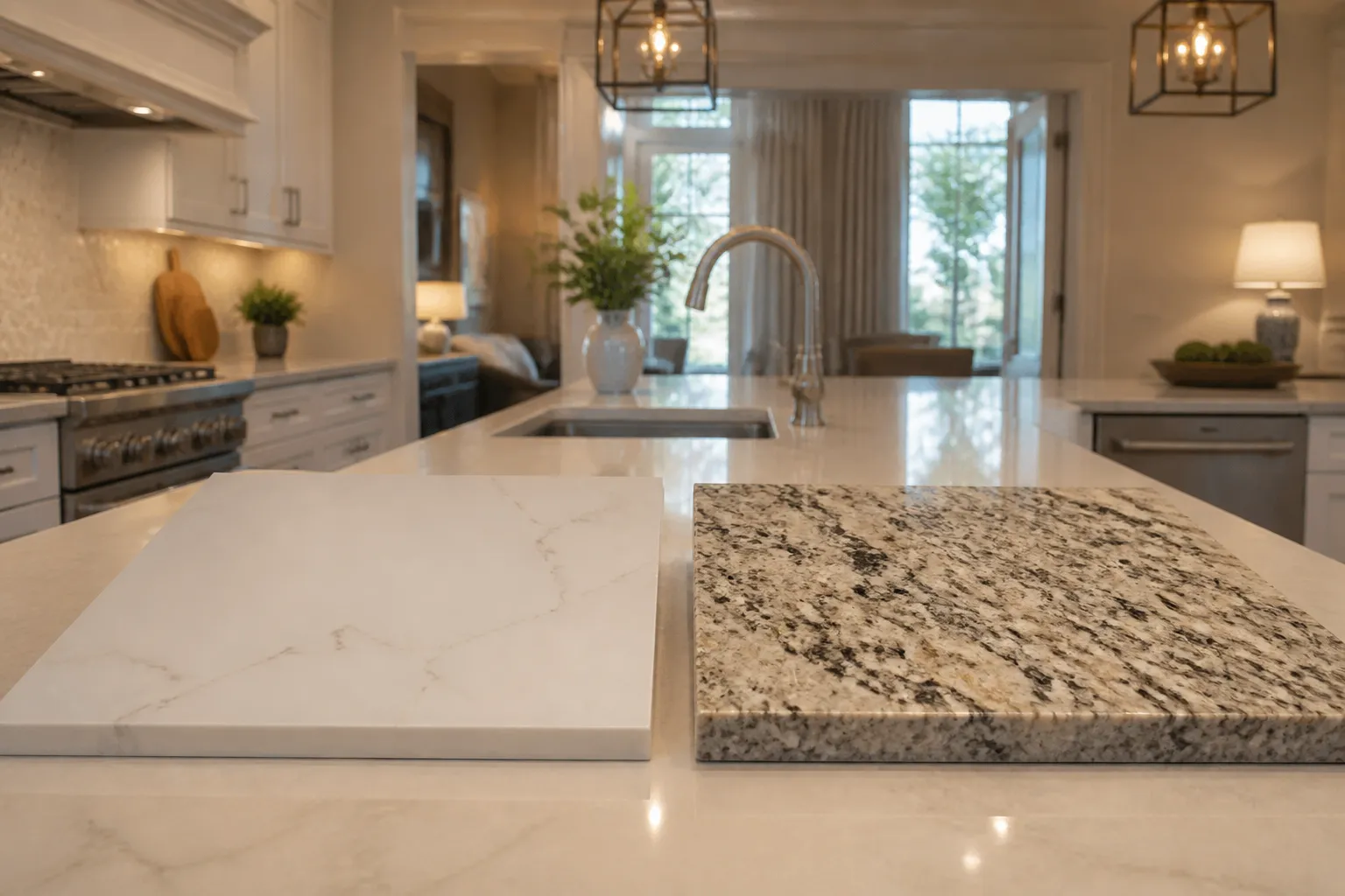 Quartz and granite countertop surfaces in a modern kitchen